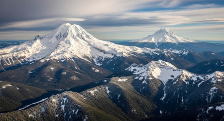 Aerial view of two snow-capped mountain peaks surrounded by green and snowy hills under a cloudy sky.の写真素材