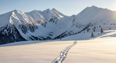 Panoramic view of winter mountains with footprints in the snow.の写真素材