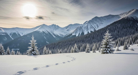 Beautiful winter landscape with snow covered fir trees in the mountains.の写真素材