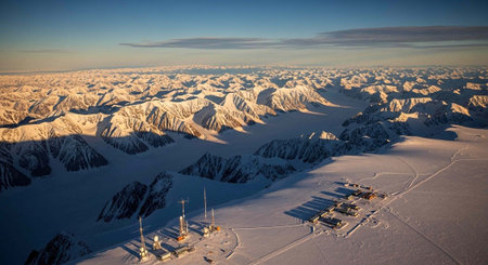 Aerial view of a snow covered mountain range at sunset in winter