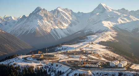 Aerial view of construction site with snow covered mountains in the background