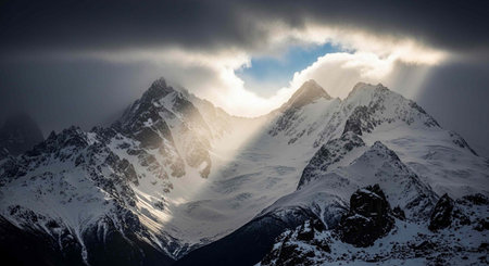 Mountain landscape with snow-capped peaks and sunbeamsの写真素材