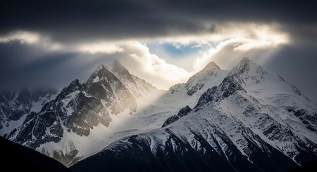 Panoramic view of the snow-capped peaks of the mountainsの写真素材