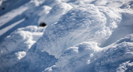 snow and ice on a sunny day in the mountains, winter landscape