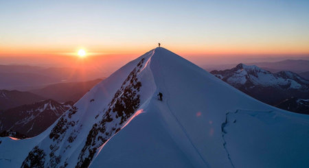 Hiker on top of a mountain at sunset. Beautiful winter landscape.