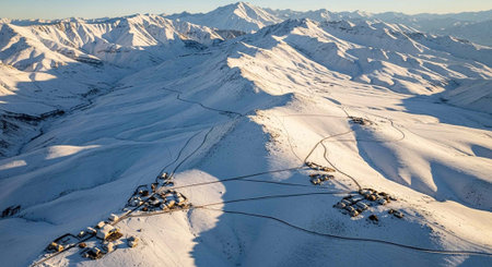 Aerial view of snow covered mountains in the French Alps in winterの写真素材