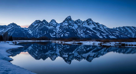 Mountains reflected in the calm water of a lake at sunset.の写真素材