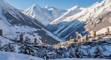Panoramic view of Svaneti in winter, Georgiaの写真素材