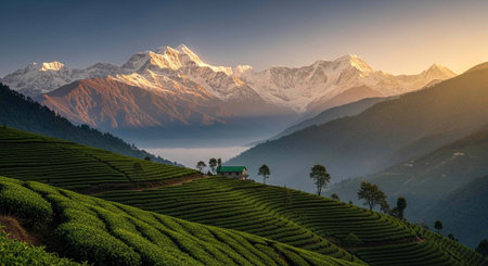 Tea Plantation in the morning at sunrise, Nuwara Eliya, Sri Lankaの写真素材