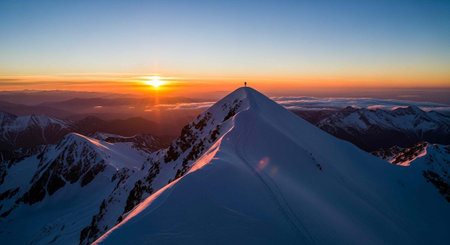 Sunrise at the top of the mountain in winter. Caucasus Mountains, Georgia.の写真素材