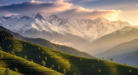 Tea plantations in the mountains at sunsetの写真素材