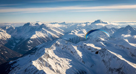 Paraglider flying over the Alps in winter, Austria.の写真素材