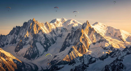 Panoramic view of the mountains and paragliders.の写真素材