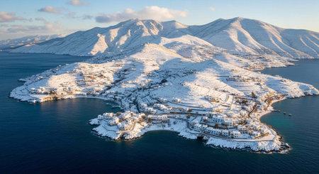 Aerial view of snow-covered coastal island with mountains in the background during winterの写真素材