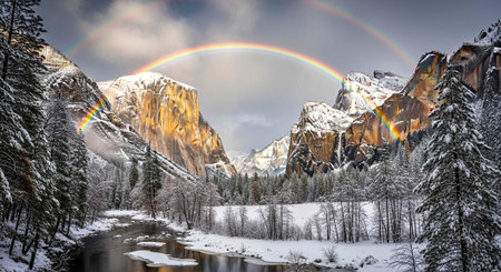 Rainbow in Yosemite National Park in winter, California, USA.の写真素材