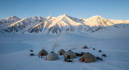 Mongolian yurt on the background of snow-capped mountains