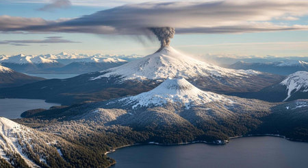Aerial view of a volcanic eruption in Kamchatka Peninsula.の写真素材