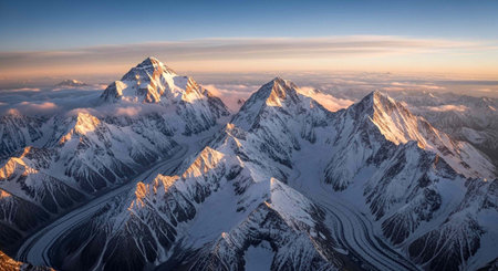 Aerial view of Himalaya mountain range at sunrise, Nepal.