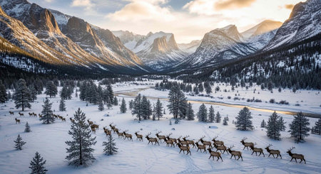Mountain landscape with reindeer herd in winter, Canadian Rockiesの写真素材