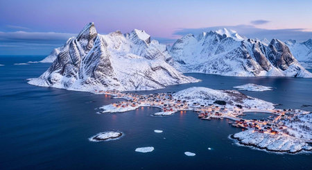 Aerial view of Reine village on Lofoten islands, Norwayの写真素材