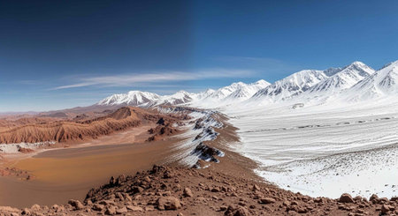 Panoramic view of snow-capped mountains, desert landscape, and rocky terrain under a clear blue sky...