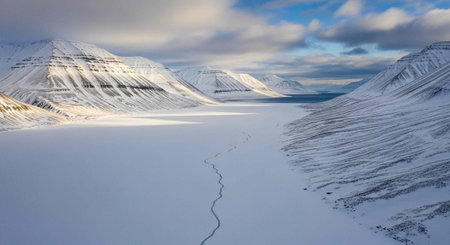 Serene winter landscape with snow-covered mountains, frozen lake, and cloudy blue skyの写真素材