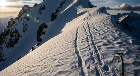 A snow-covered mountain peak with ski tracks and a serene landscape at sunrise or sunset.