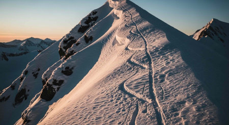 Aerial view of a snow-covered mountain peak with ski tracks and rocky outcrops at dawn or dusk.