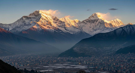 Majestic snow-covered mountains rise above a bustling city, with warm sunlight casting a glow on...