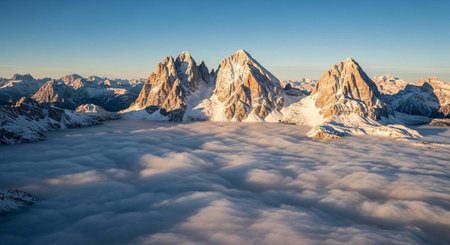 Aerial view of rugged, snow-covered mountains towering above a sea of clouds under a clear blue sky.