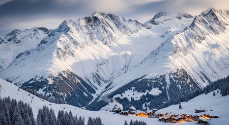 A small village nestled in a snowy valley surrounded by evergreen trees and majestic snow-capped...