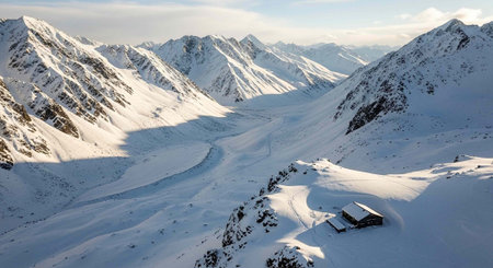 Aerial view of snow-covered mountains, a small cabin, and a winding road in a serene winter...