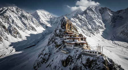 Aerial view of a multi-level monastery on a snowy mountain peak with a large golden Buddha statue
