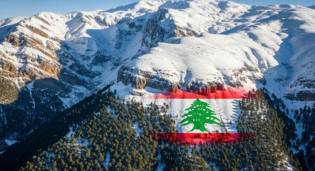 Aerial view of snow-capped mountains, evergreen trees, and the Lebanese flag waving in the foreground.の写真素材