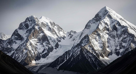 Majestic snow-covered mountain peaks with rugged rocky slopes and glaciers set against a grey sky.