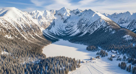 Aerial view of snow-covered mountains, frozen lake, and evergreen trees under a blue sky with wispy...