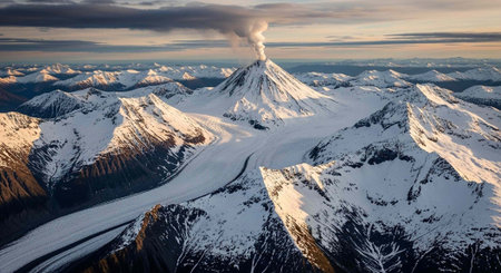 Aerial view of snow-covered mountains with a volcano emitting smoke under a cloudy sky