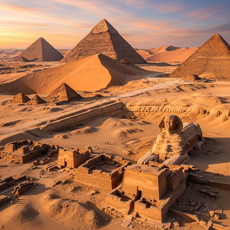 Aerial view of pyramids, Sphinx, and ruins in sandy desert landscape with warm sunset light