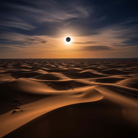 A vast desert with rolling sand dunes under a cloudy sky during a solar eclipse at sunset.の写真素材