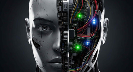 A futuristic robotic head with exposed circuit boards and wires against a dark background
