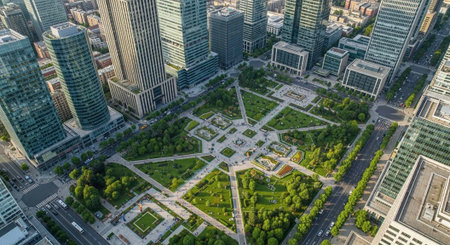An aerial view of a vibrant city park surrounded by modern skyscrapers and urban architecture