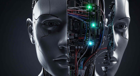 A futuristic robotic head with exposed circuit boards and wires against a dark background