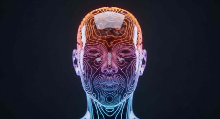 A futuristic illustration of a human head with a glowing brain and neon circuits