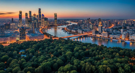 Aerial view of a modern cityscape at dusk with a river and lush green trees in the foreground