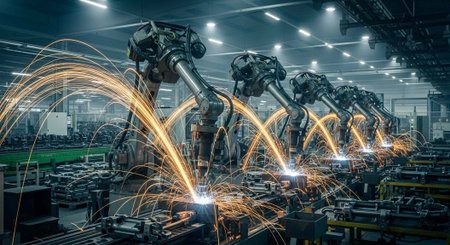 Industrial robots welding in a modern factory with sparks flying everywhere