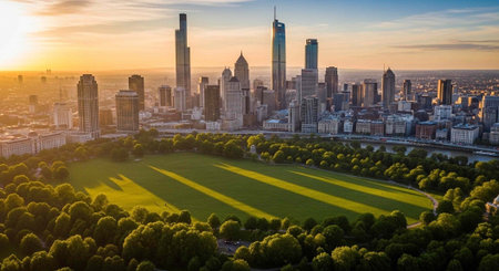 Aerial view of a vibrant city skyline at sunset with a large park in the foreground