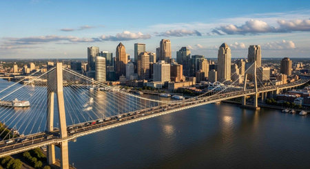 Aerial view of a city skyline with a large suspension bridge over a riverの写真素材