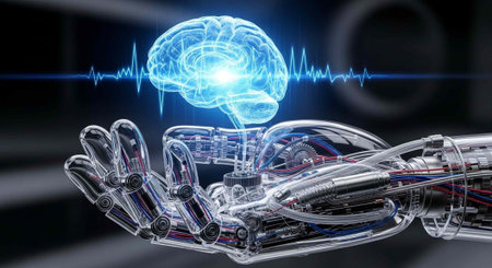 A futuristic robotic hand with a glowing blue brain in the background represents artificial...