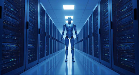 A futuristic robot stands in a dimly lit server room with rows of computer equipment