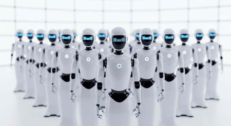 A group of identical white robots standing in a line with blue glowing eyes